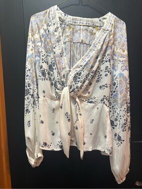 Free People Cream Floral Tie-Front Blouse with Blue and Gold Accents